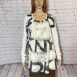 DKNY Logo Long Sleeve Mix Media Front Chiffon Blouse Top Size M